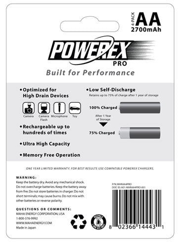 Powerex AA MHRAA4PRO 2700 mAh 4-Pack Rechargeable Batteries